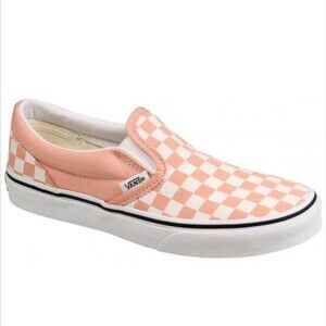 Vans Kids' Classic Checkerboard Slip On Shoes Sneakers, Peach Salmon White, 4.5